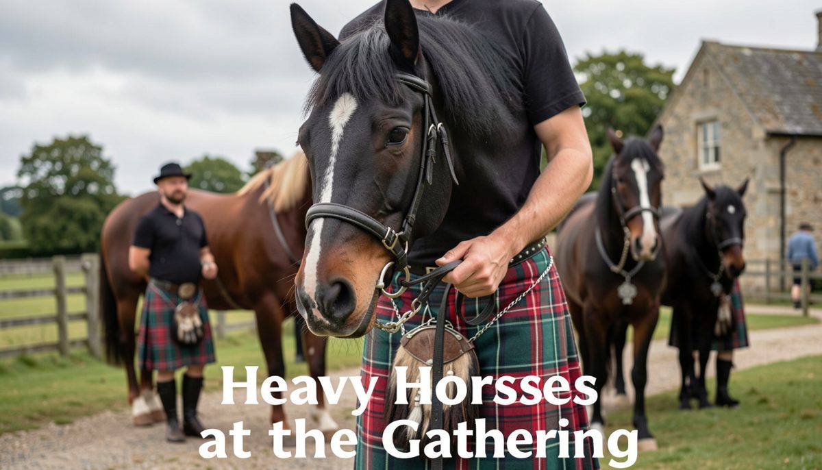 A Clydesdale horse in decorated harness standing in a show ring with a grass games field behind