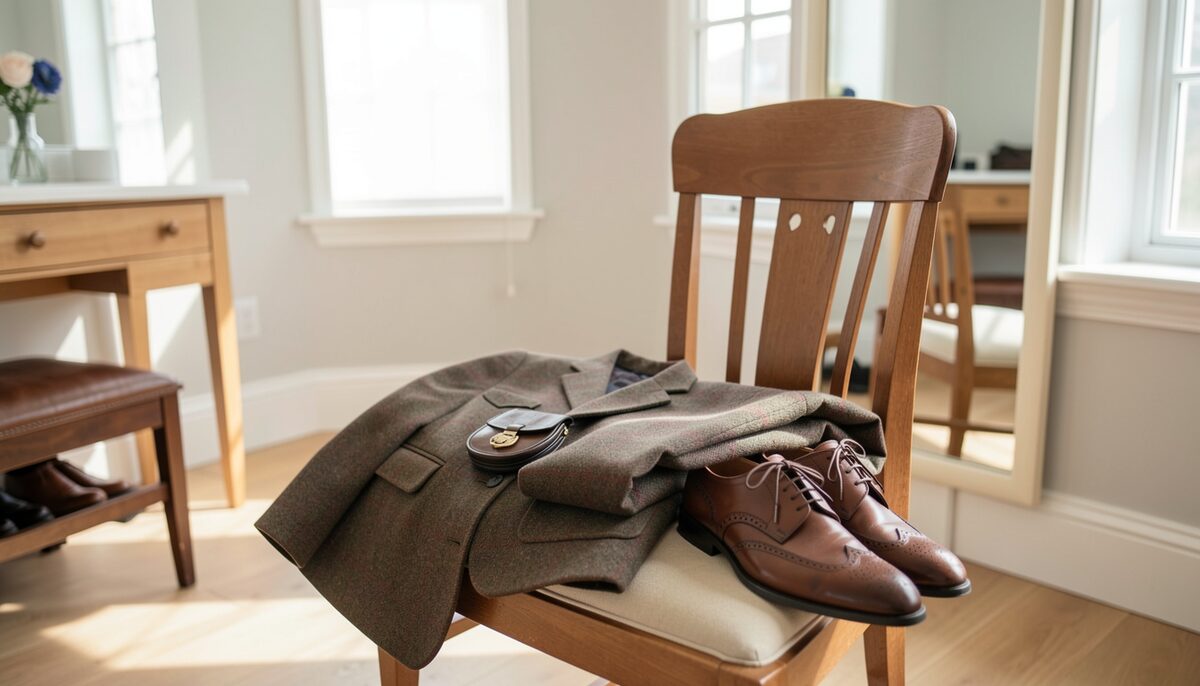 A tweed jacket and a pair of brown brogues laid over a wooden chair in a bright dressing room