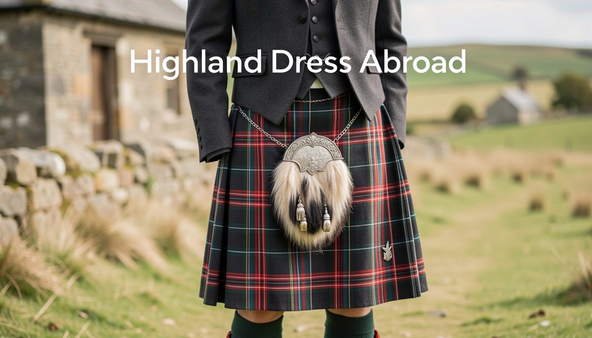 A rolled tartan kilt and a jacket in a suit carrier laid on a bed beside an open suitcase