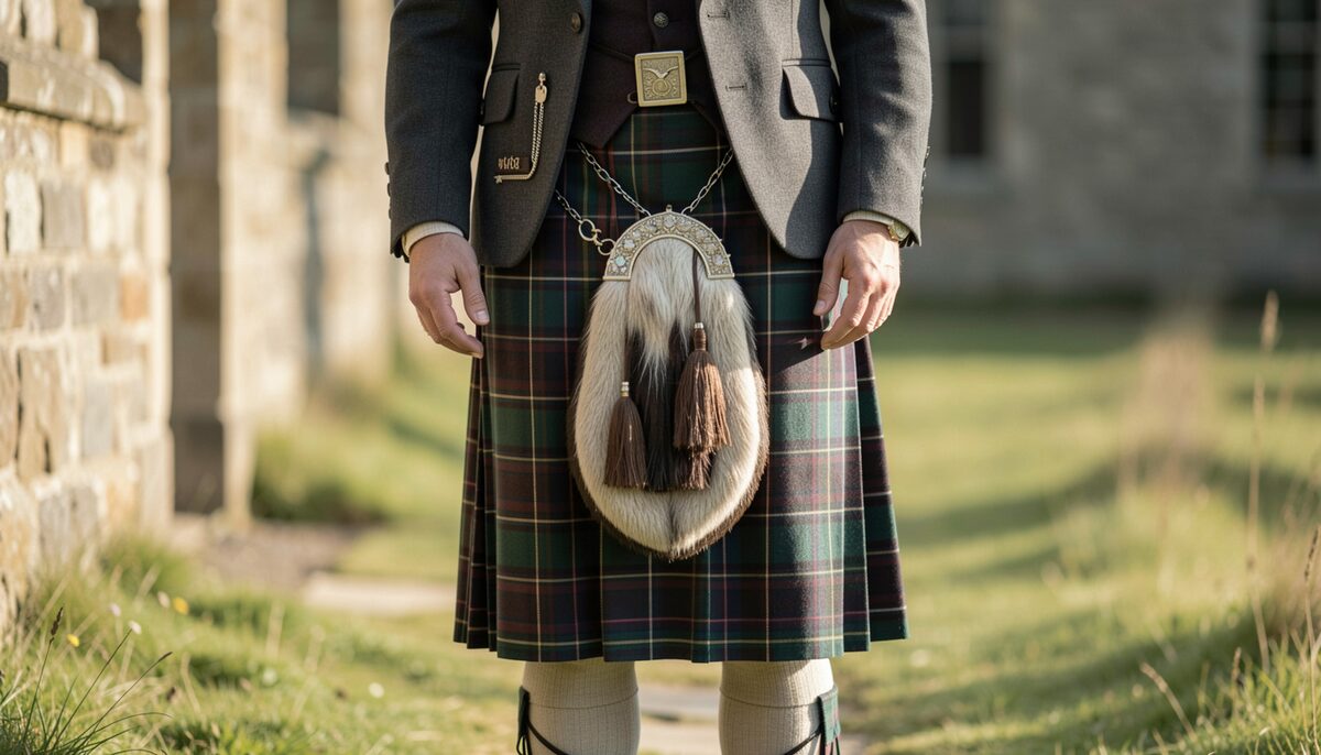 A man in a dark tweed jacket and green tartan kilt with a fur sporran standing on grass before a stone wall