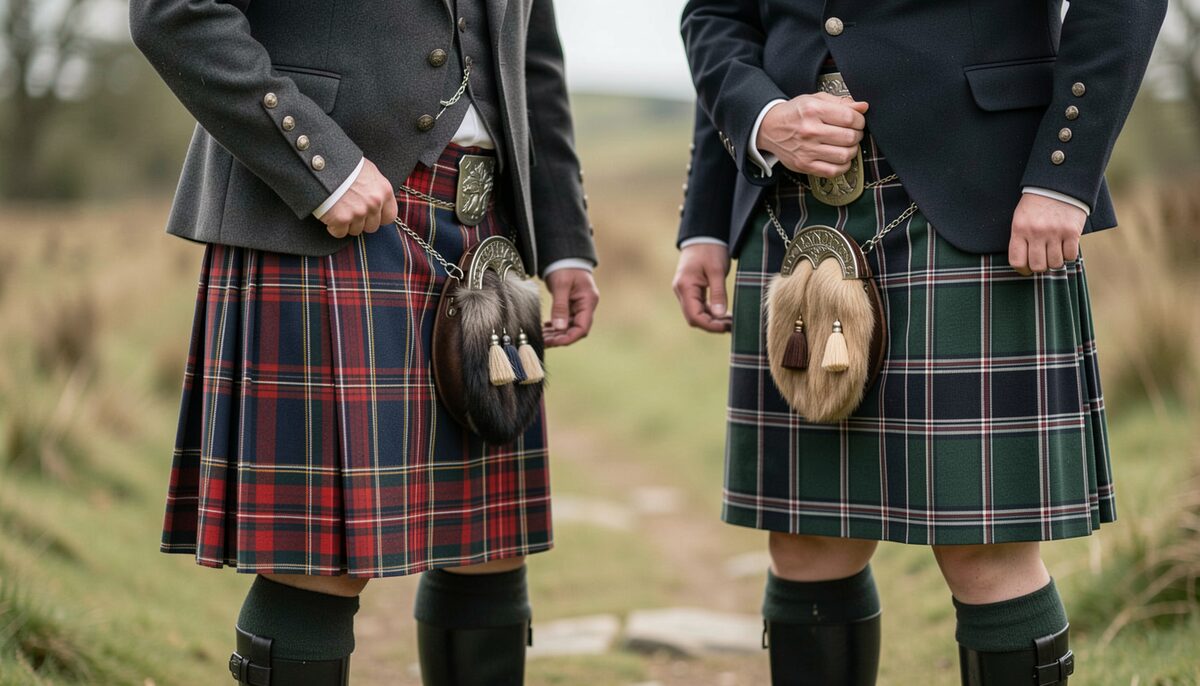 Two men in dark jackets, tartan kilts and fur sporrans standing side by side on a hillside path