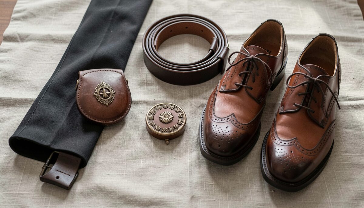 A flat lay of a leather belt, brown brogues, a small leather sporran, a round buckle and dark hose on linen