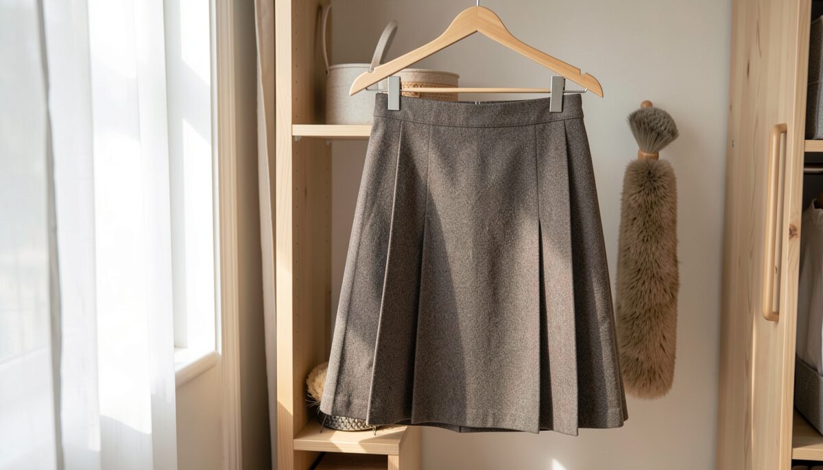 A pleated grey wool kilt hanging on a wooden hanger beside a window in an airy wardrobe
