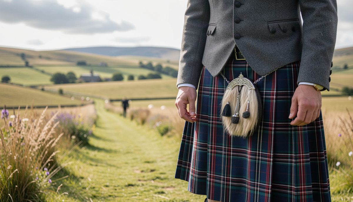 A kilted groom and his party photographed outside a stone church, photographer in the foreground